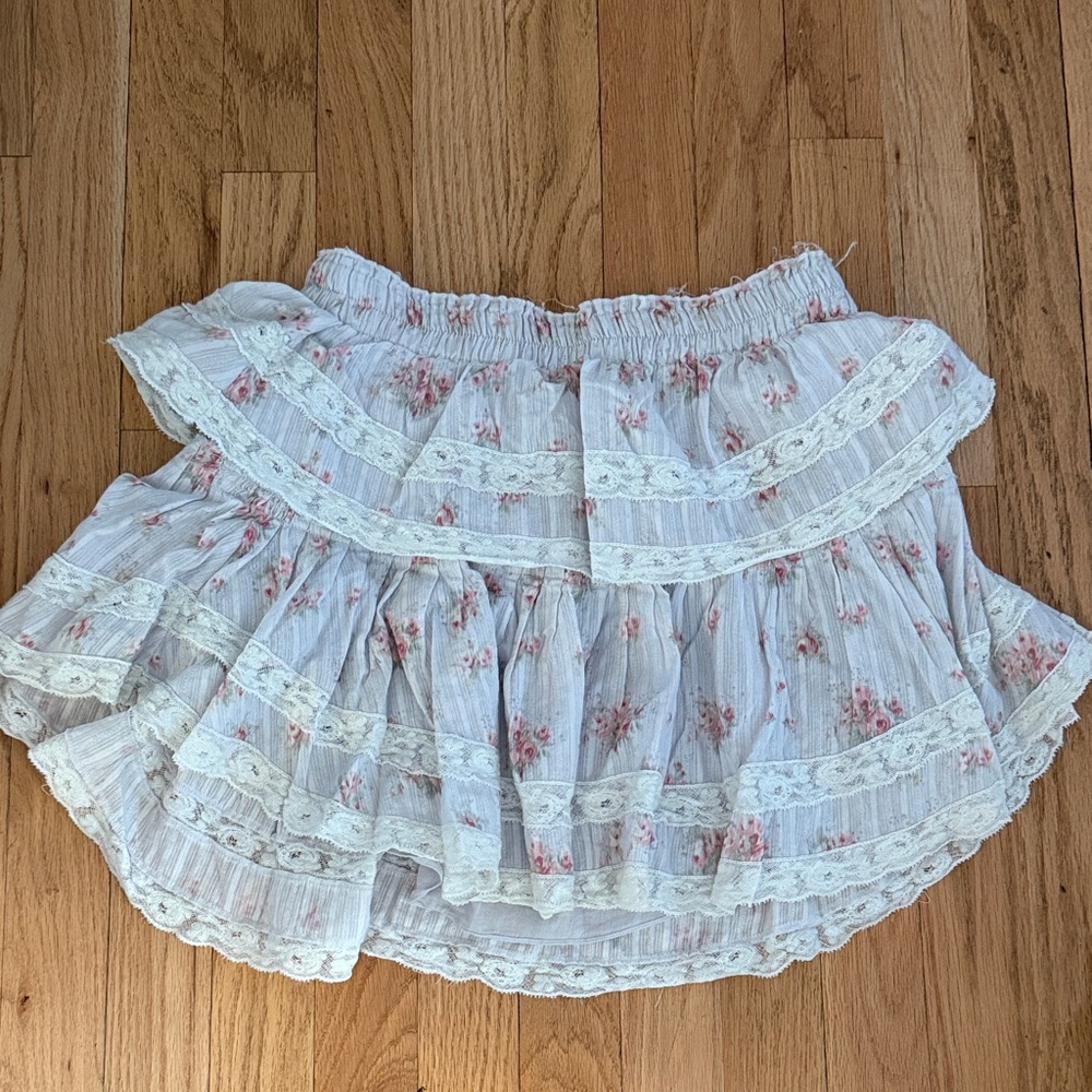 Loveshack Fancy Floral Lace-Trim Tiered Mini Skirt - White with Pink Roses
